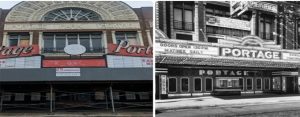 front of Portage Theater from long ago and now, as repairs begin
